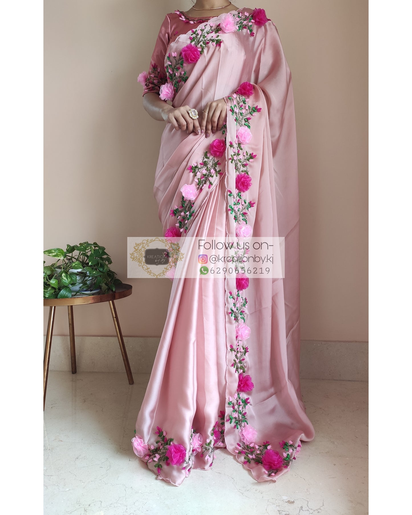Onion Pink French Ribbon Embroidered Saree - kreationbykj