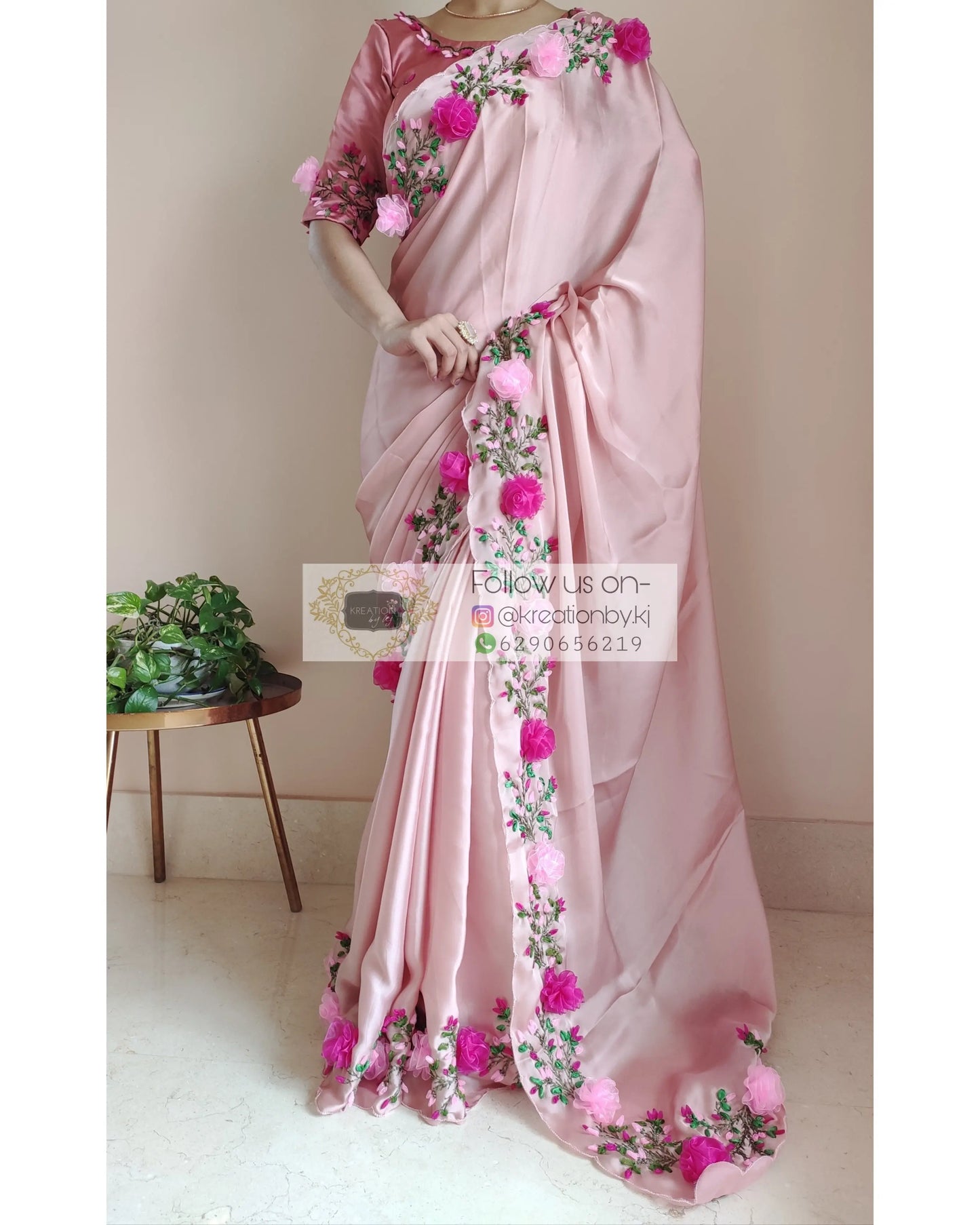 Onion Pink French Ribbon Embroidered Saree - kreationbykj