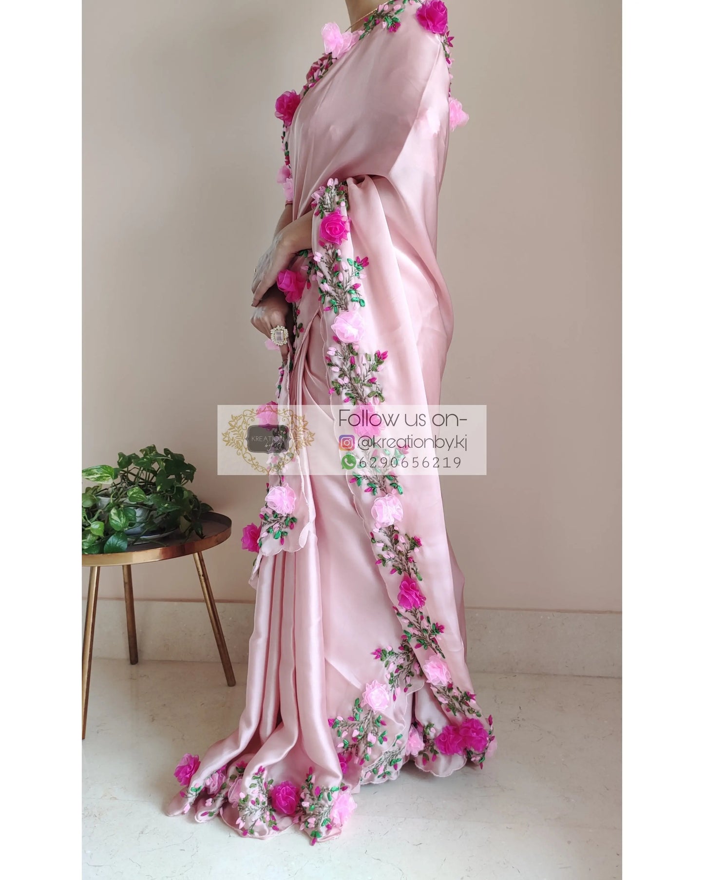 Onion Pink French Ribbon Embroidered Saree - kreationbykj