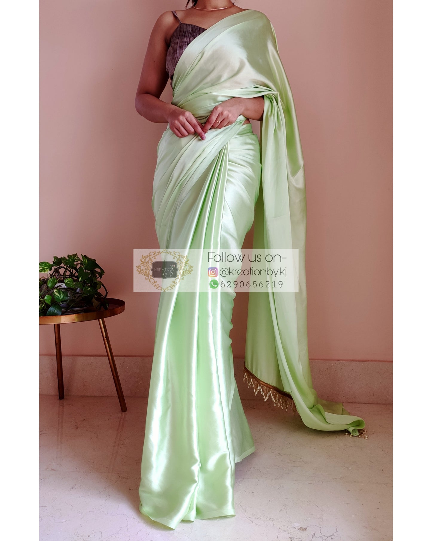 Pista Green Satin Silk Saree With Handmade Tassels On Pallu - kreationbykj