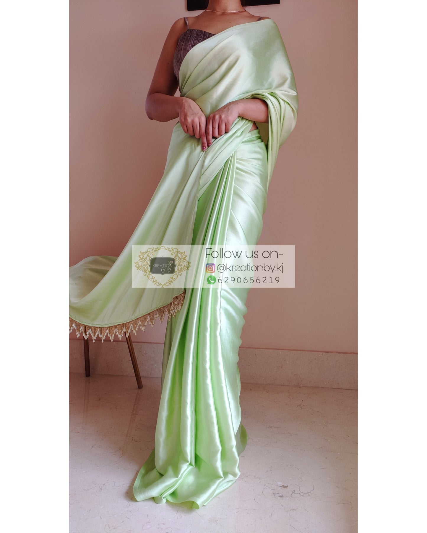 Pista Green Satin Silk Saree With Handmade Tassels On Pallu - kreationbykj