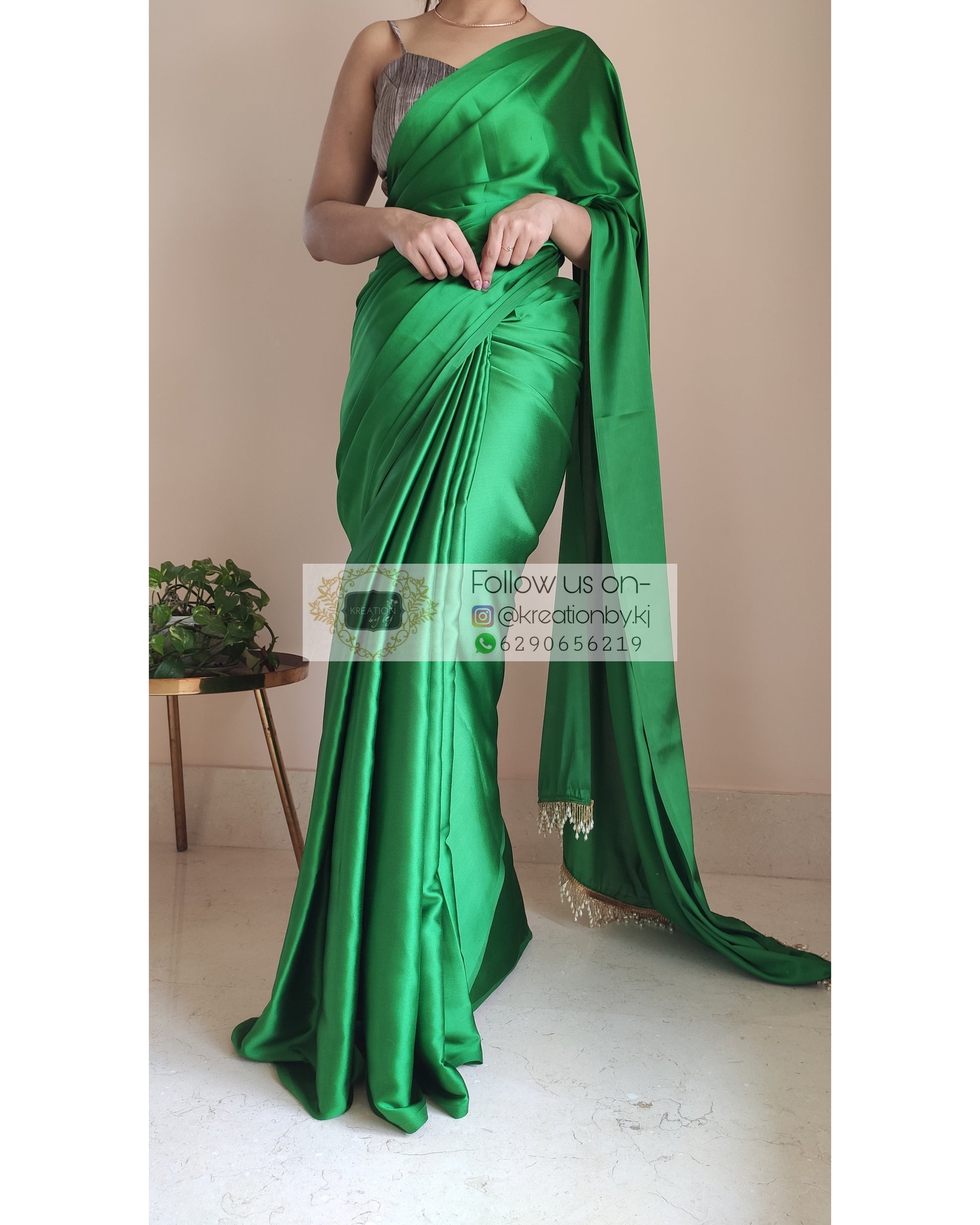 Parrot Green Satin Silk Saree With Handmade Tassels On Pallu - kreationbykj