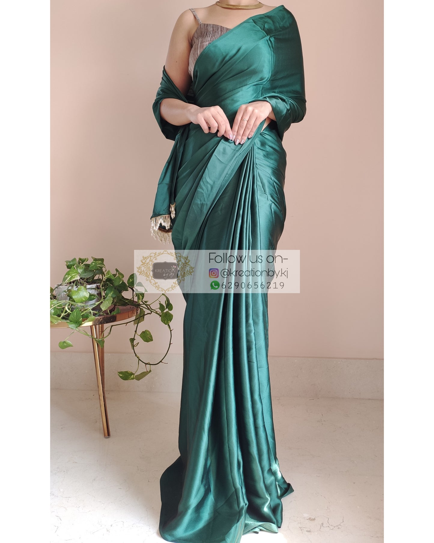 Emerald Green Satin Silk Saree With Handmade Tassels On Pallu - kreationbykj