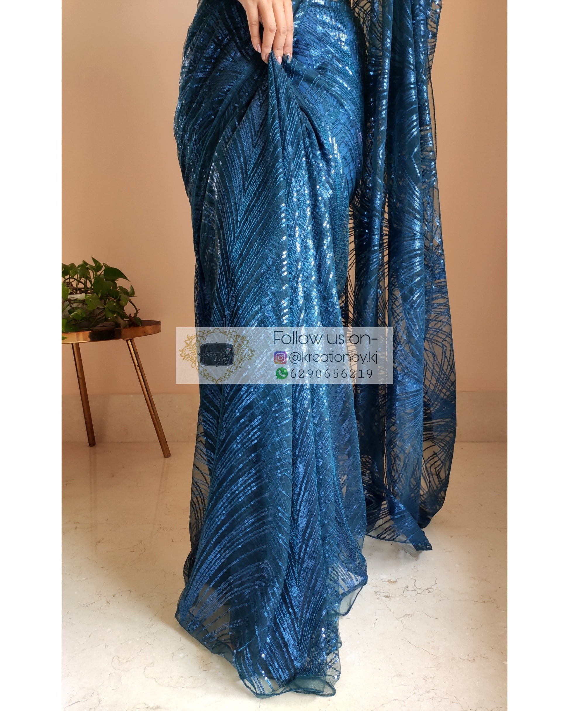 Navy Blue Sequins Embroidered Net Saree - kreationbykj