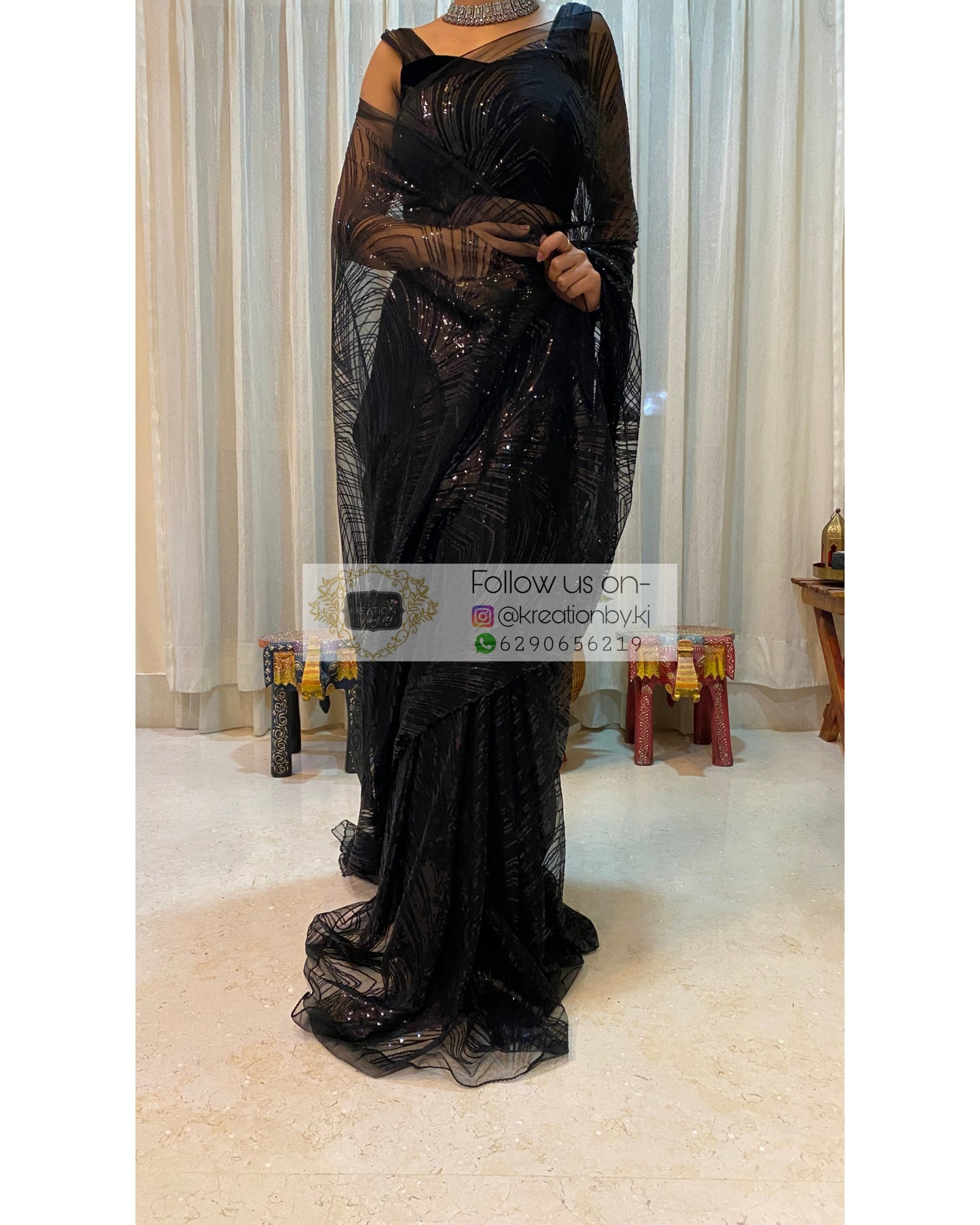 Black Sequins Embroidered Net Saree - kreationbykj