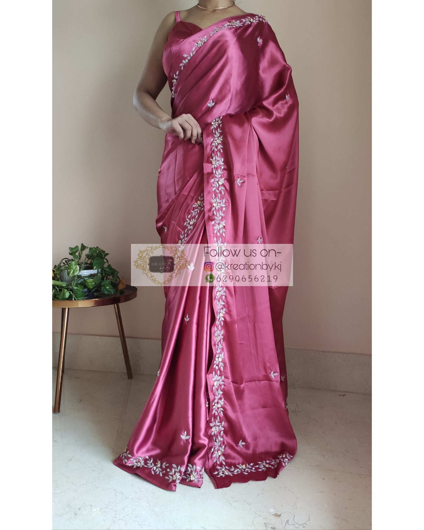 Rose Pink Satin Silk Chandani Saree - kreationbykj