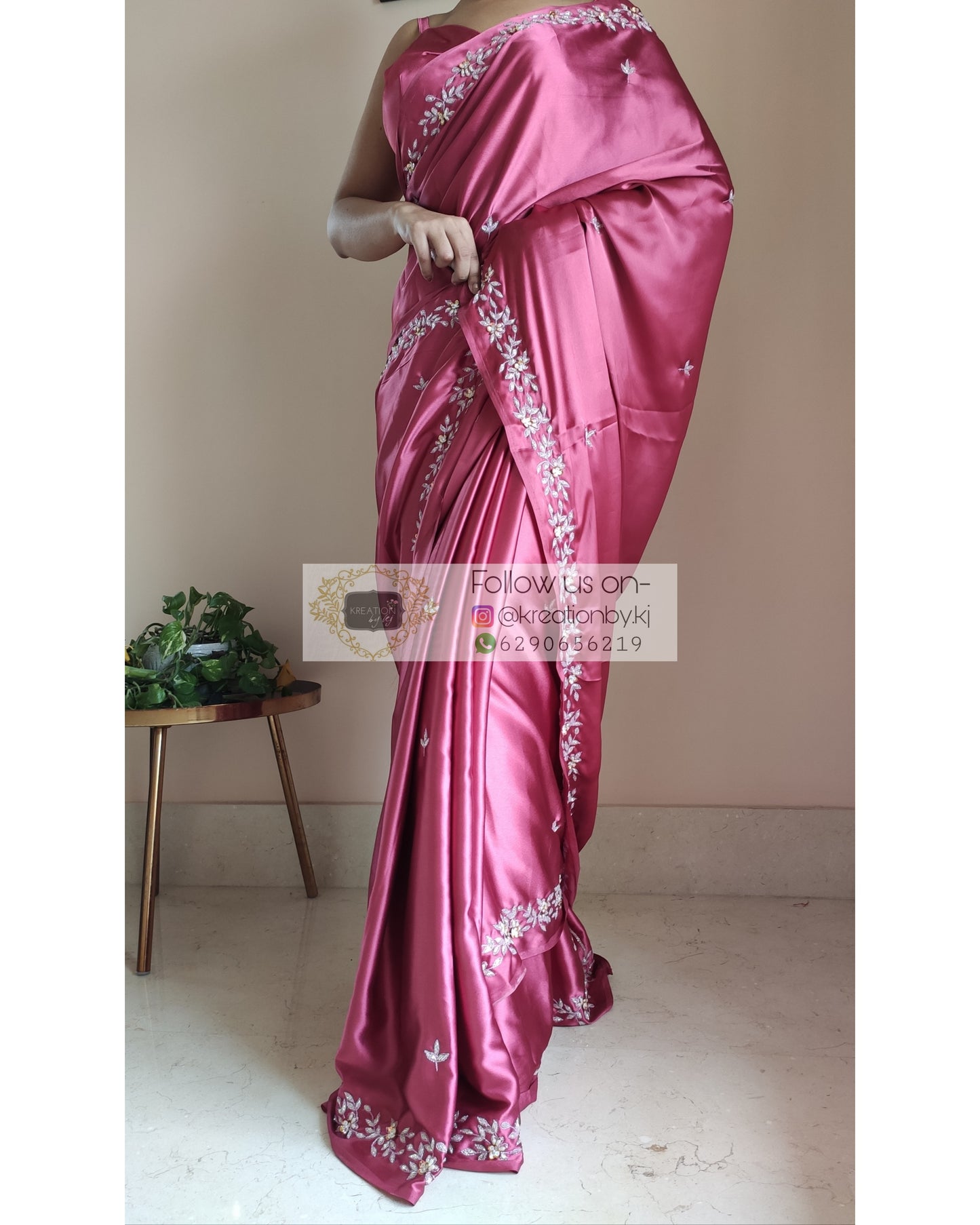 Rose Pink Satin Silk Chandani Saree - kreationbykj