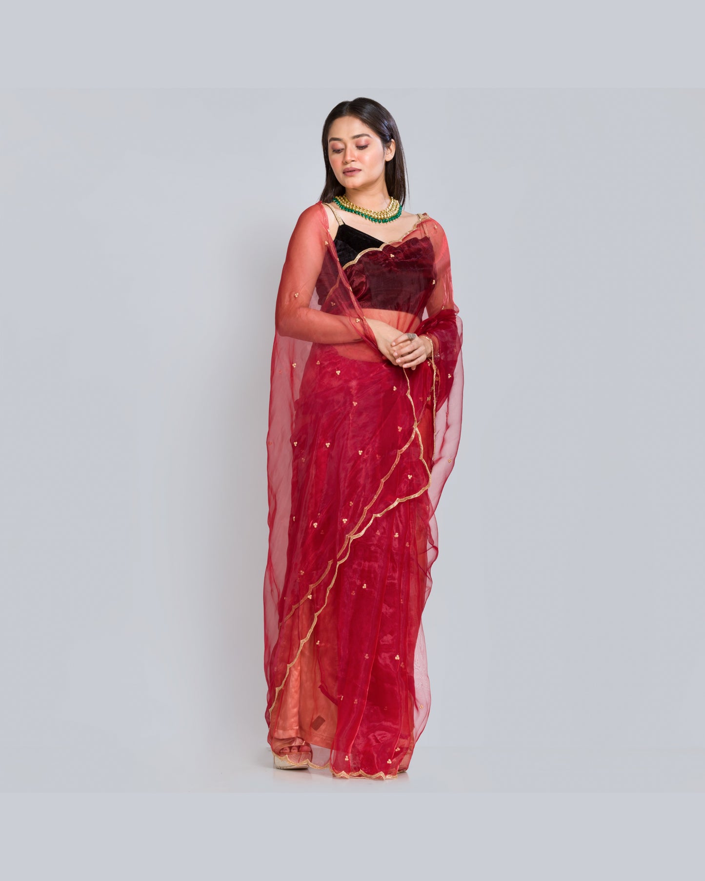Red Glass Tissue Saree with Handembroidered Scalloping - kreationbykj