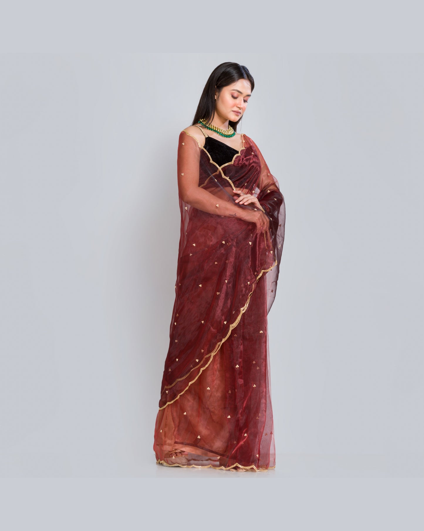 Maroon glass tissue saree with Handembroidered scalloping - kreationbykj