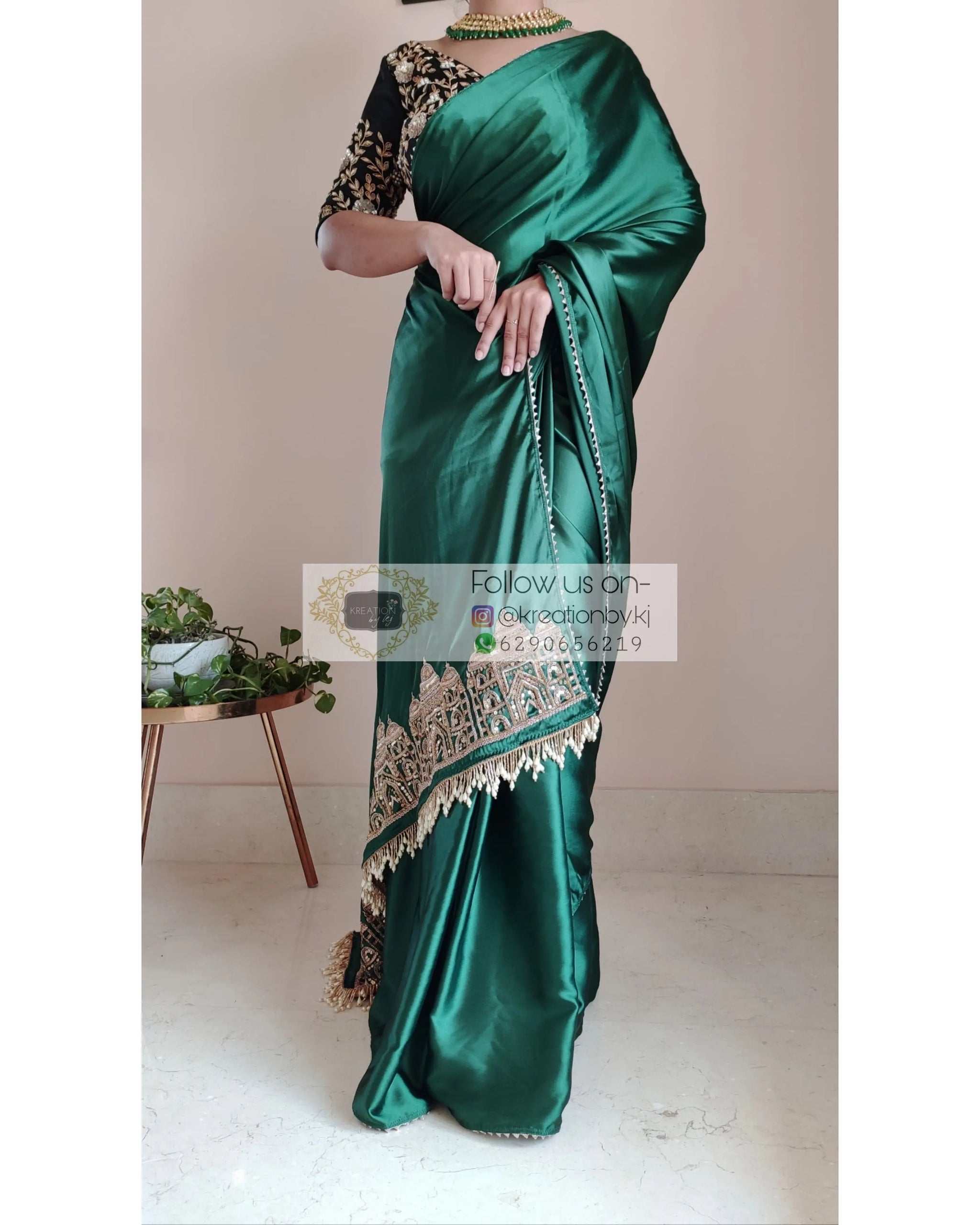 Chic Green Floral Gajji Satin Silk Saree with Mirror Hand Embroidery Perfect for Occasions - Buy