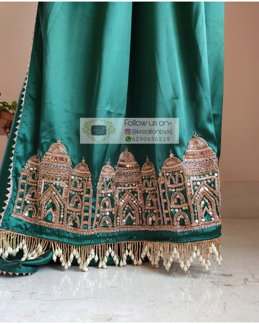 Emerald Green Satin Silk Taj Mahal Saree - kreationbykj