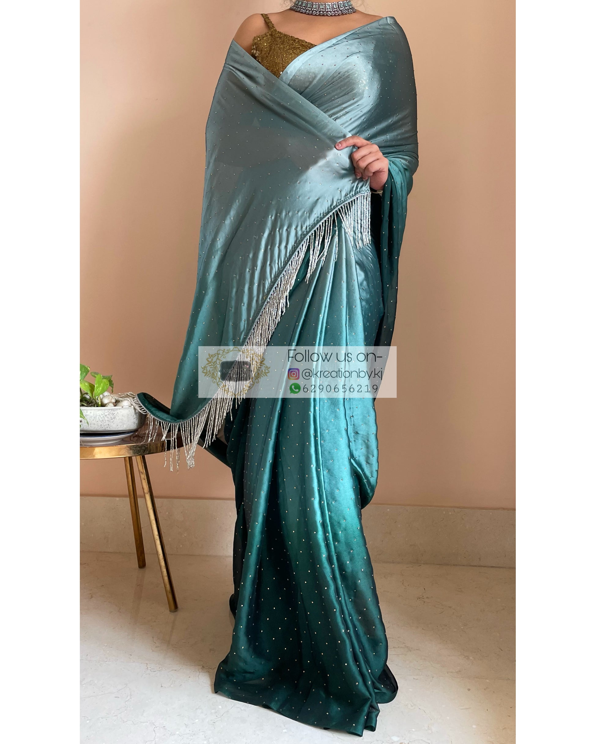 Ombré Emerald Green Saree with Stone Work - kreationbykj
