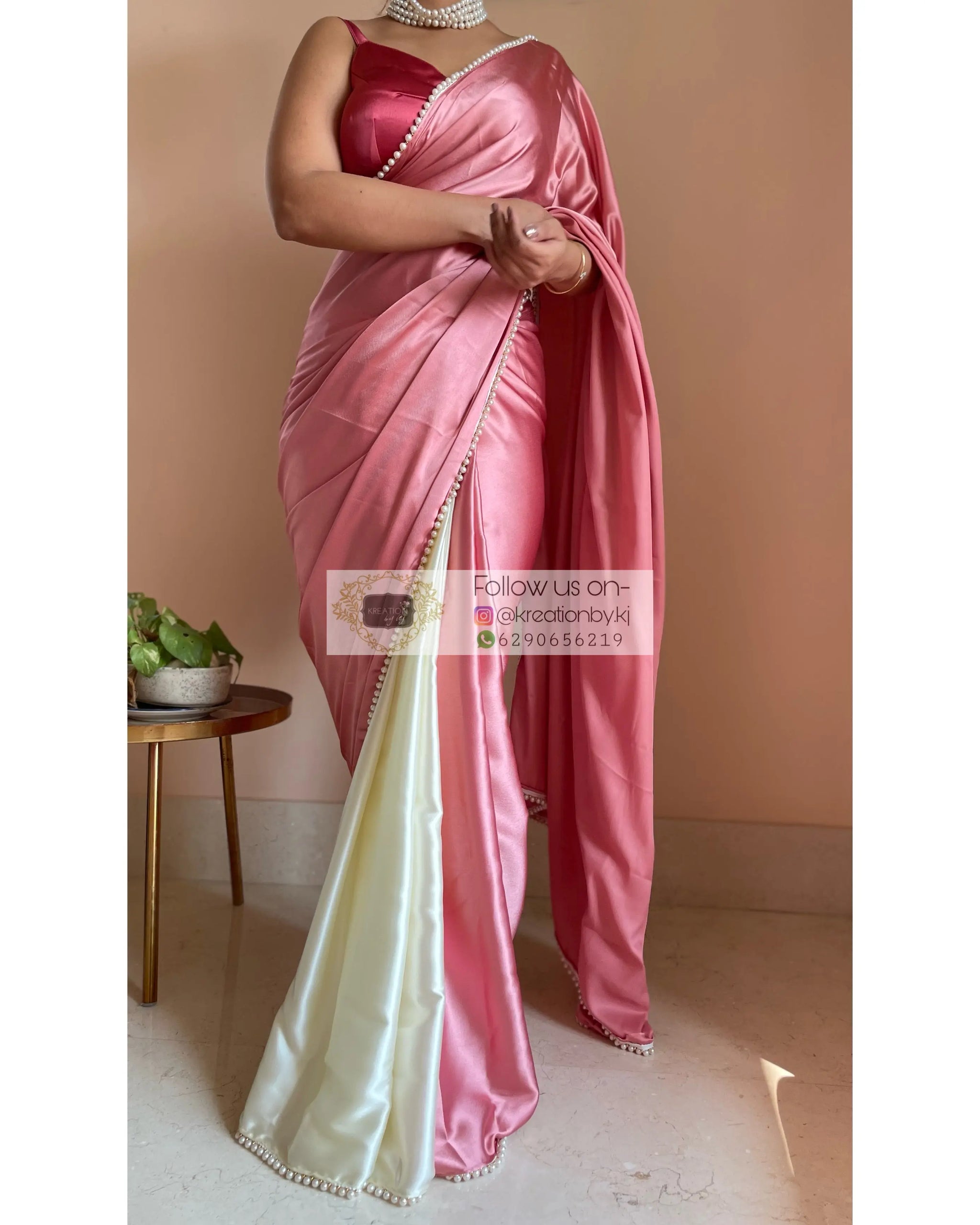 Strawberry Vanilla Two in One Satin Saree kreationbykj