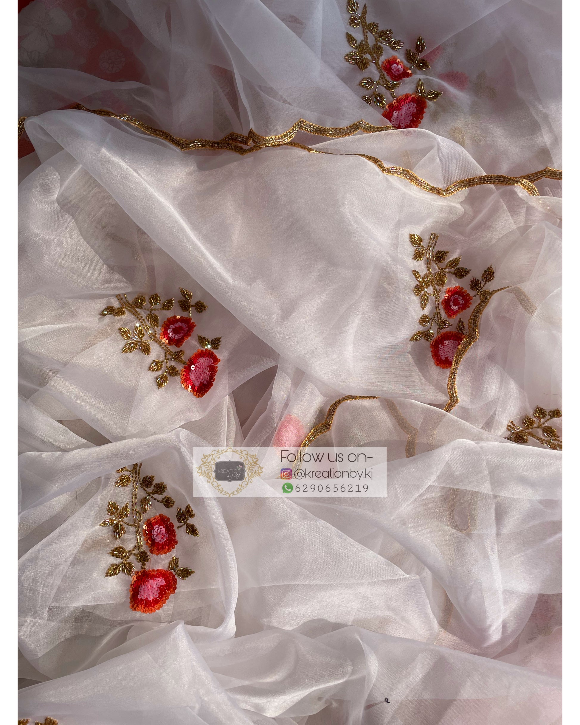 White Organza Remember The Roses Saree - kreationbykj