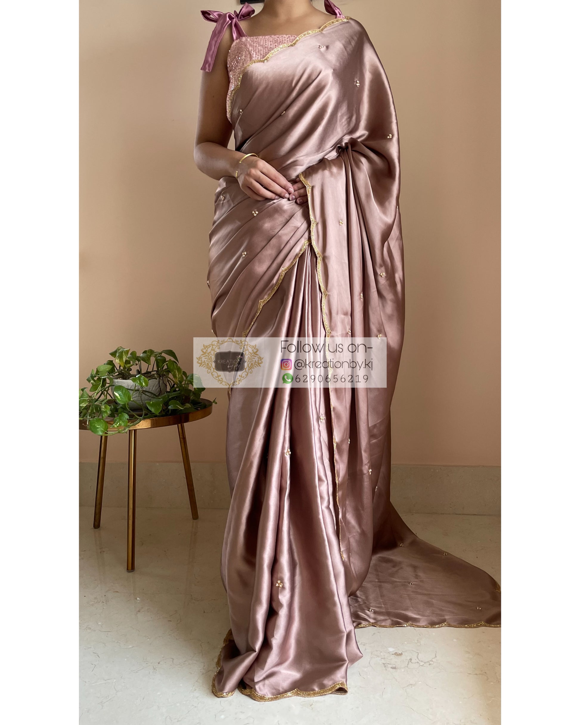Lilac Satin Silk Saree With Handembroidered Scalloping - kreationbykj