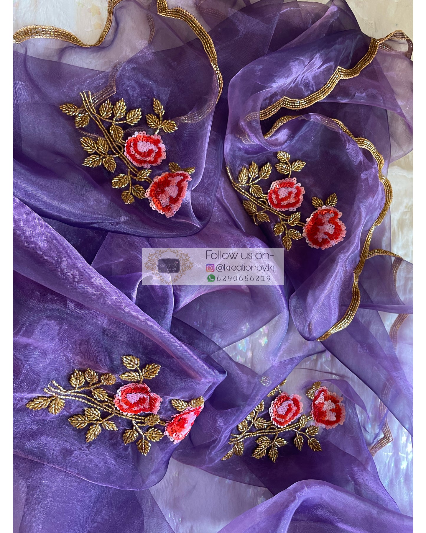 Violet Glass Tissue Rose Dupatta - kreationbykj