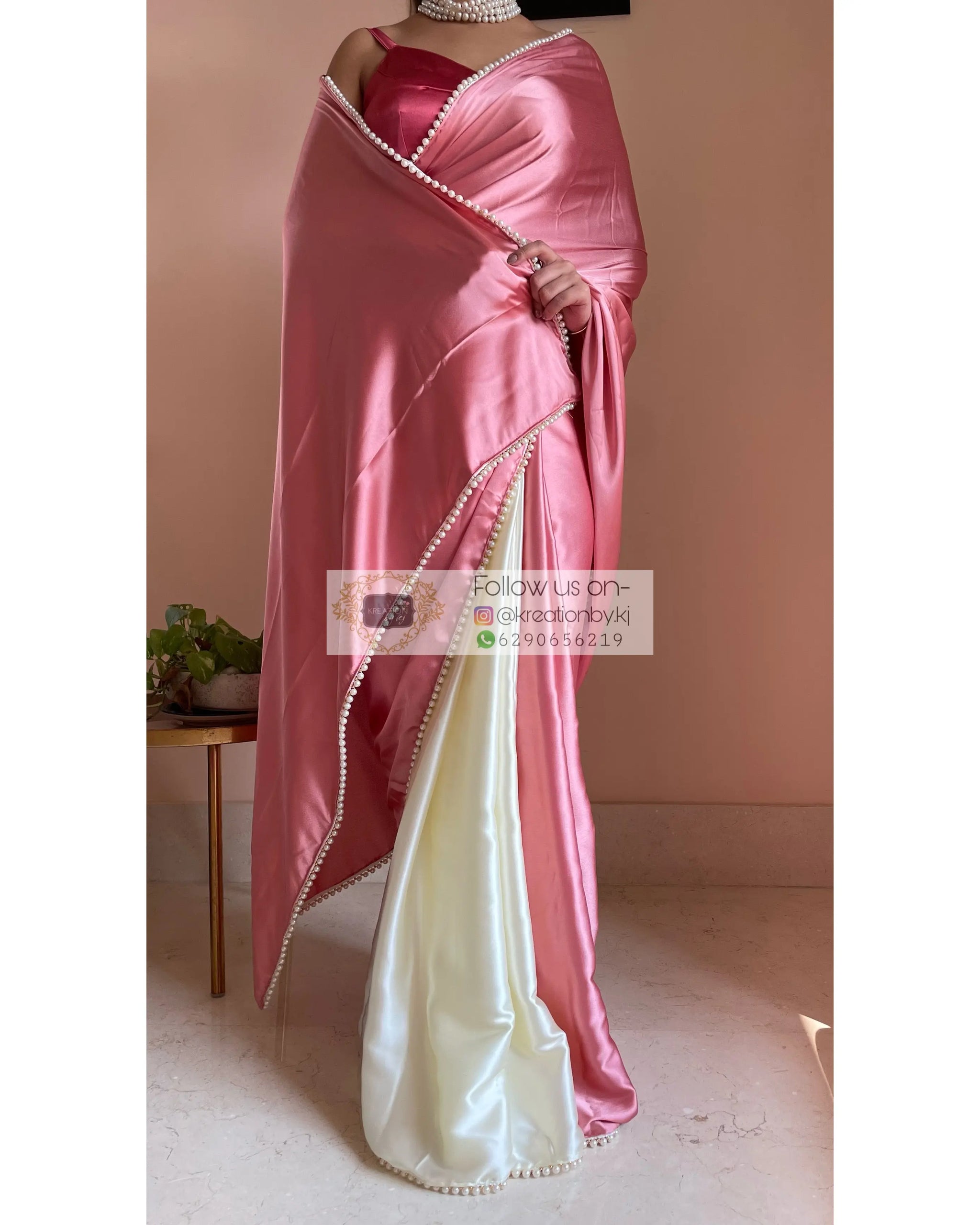 Strawberry Vanilla Two in One Satin Saree kreationbykj