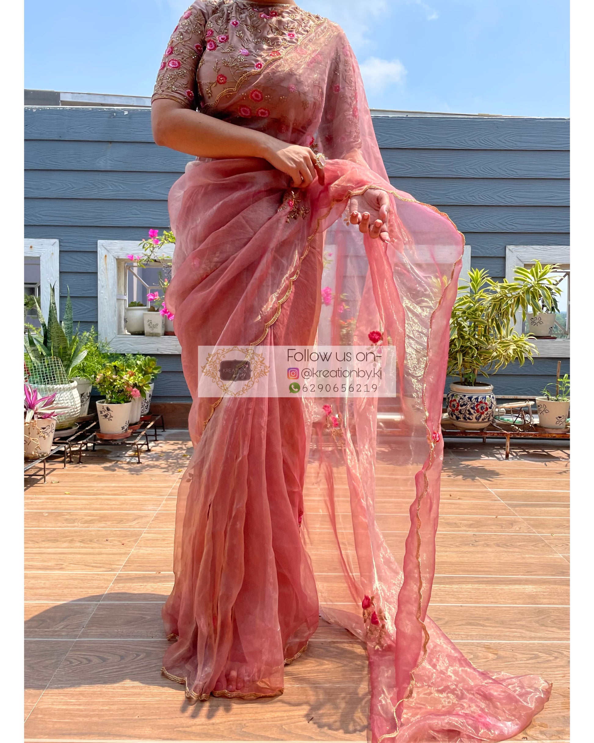 Remember the Roses Rose Beige Glass Tissue Saree - kreationbykj