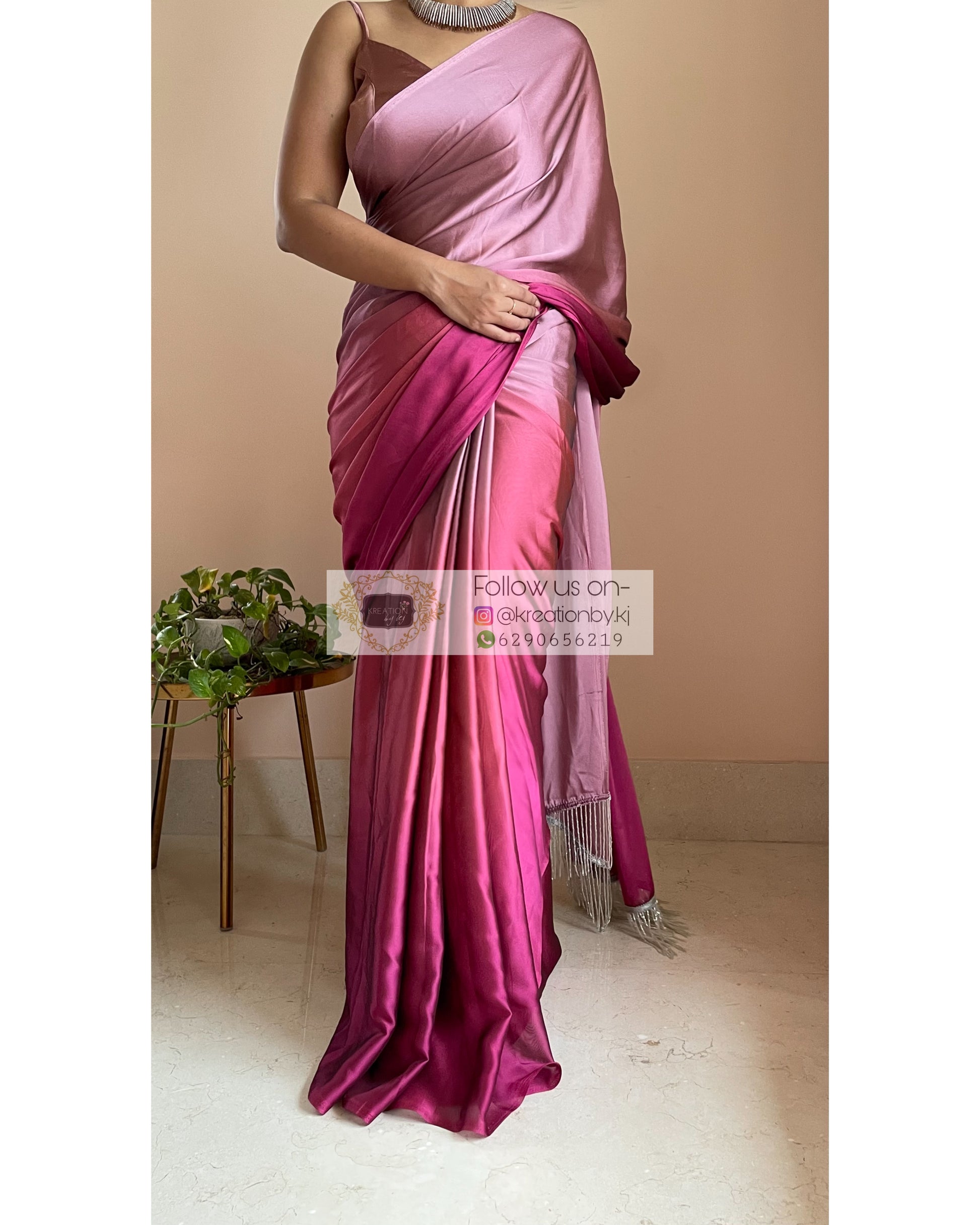 Pink Panther Georgette Ombré Saree with Handmade Tassels on Pallu - kreationbykj