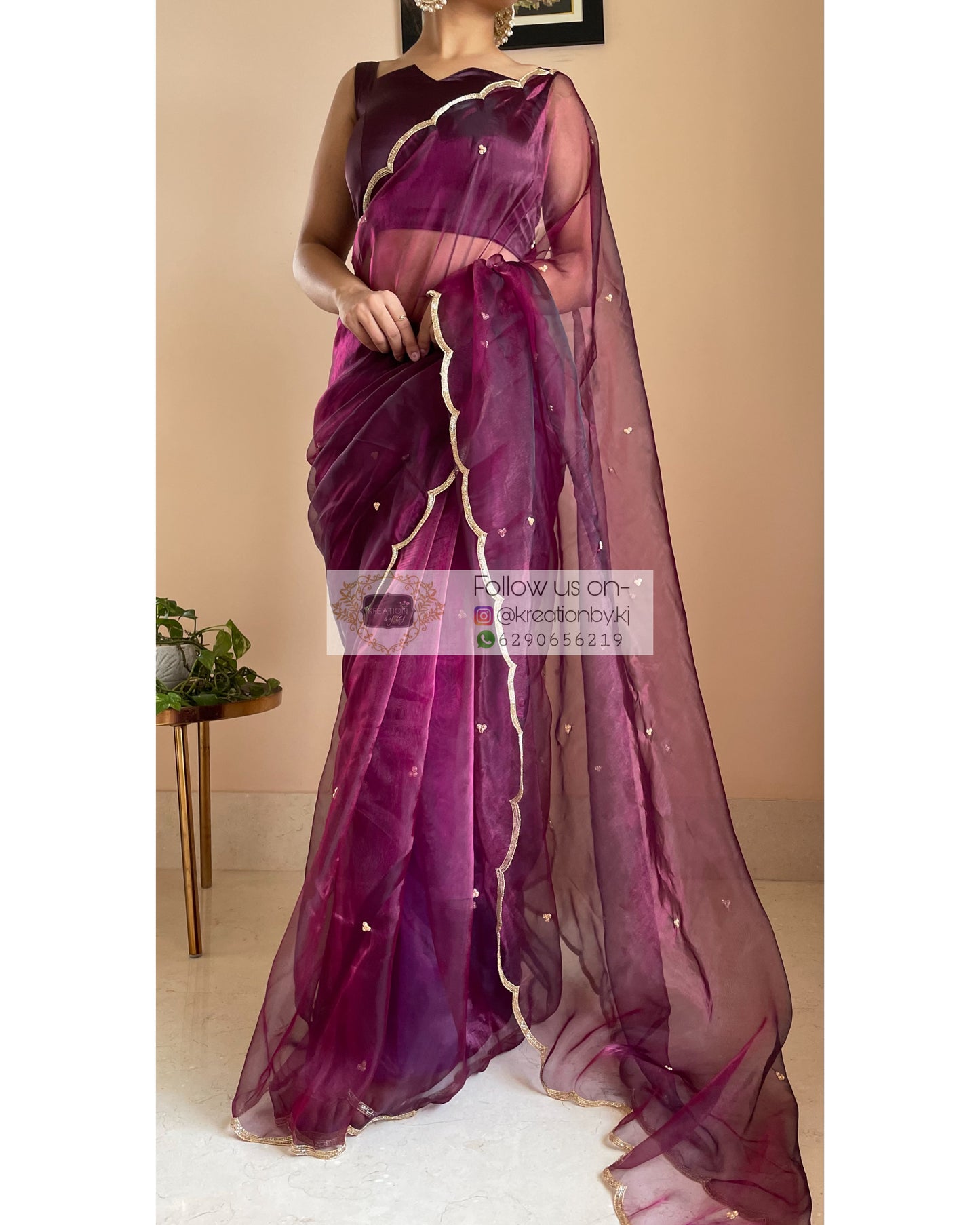 Purple Wine Glass Tissue Saree With Handembroidered Scalloping - kreationbykj