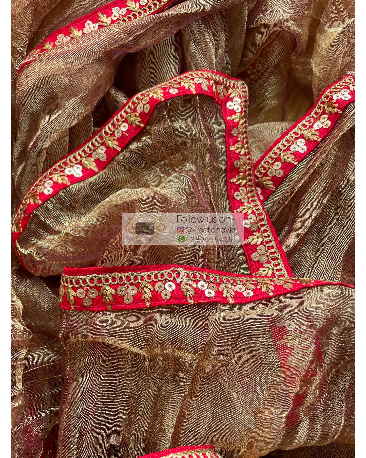 Copper Zari Tissue Saree with Red Border - kreationbykj