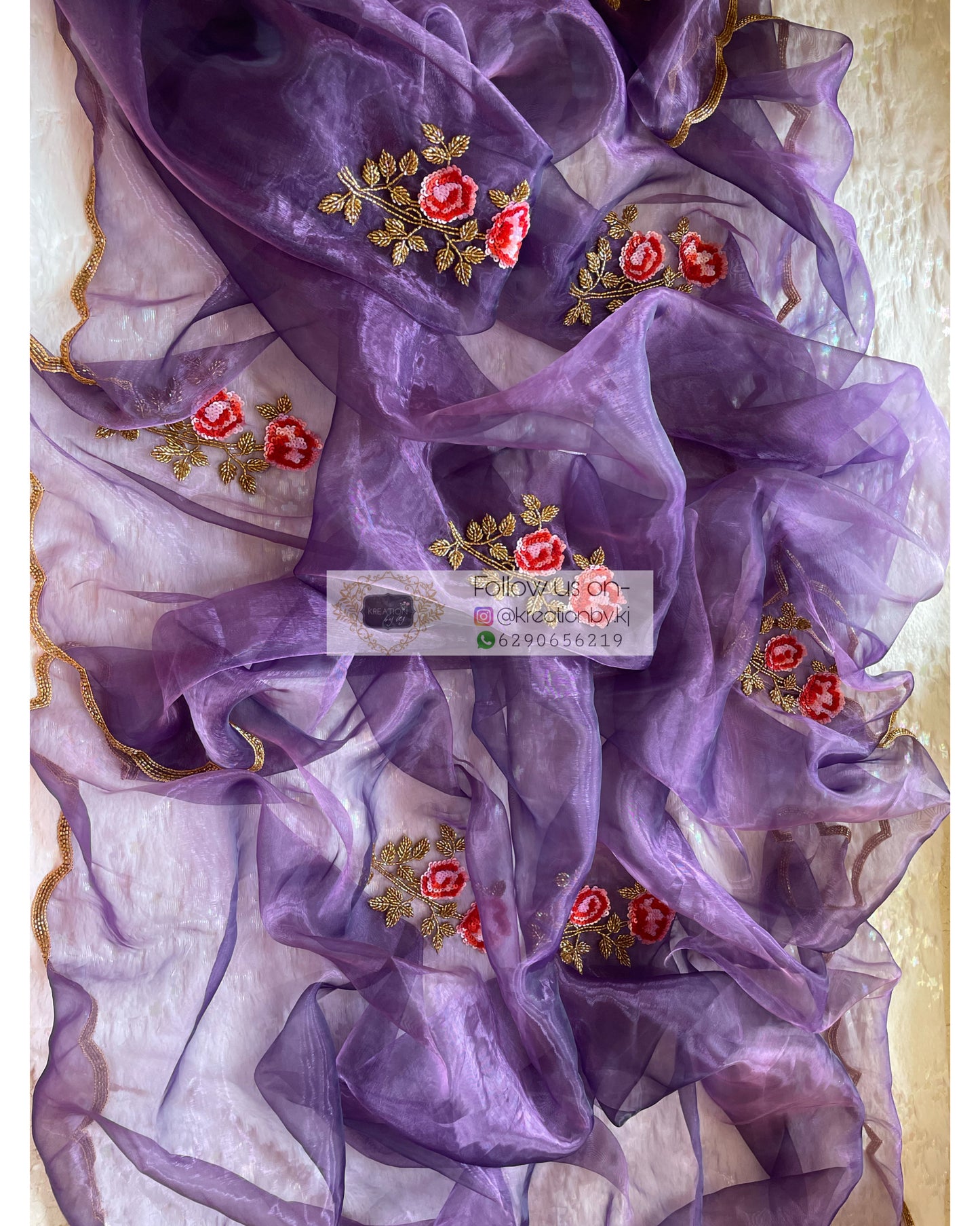 Violet Glass Tissue Rose Dupatta - kreationbykj