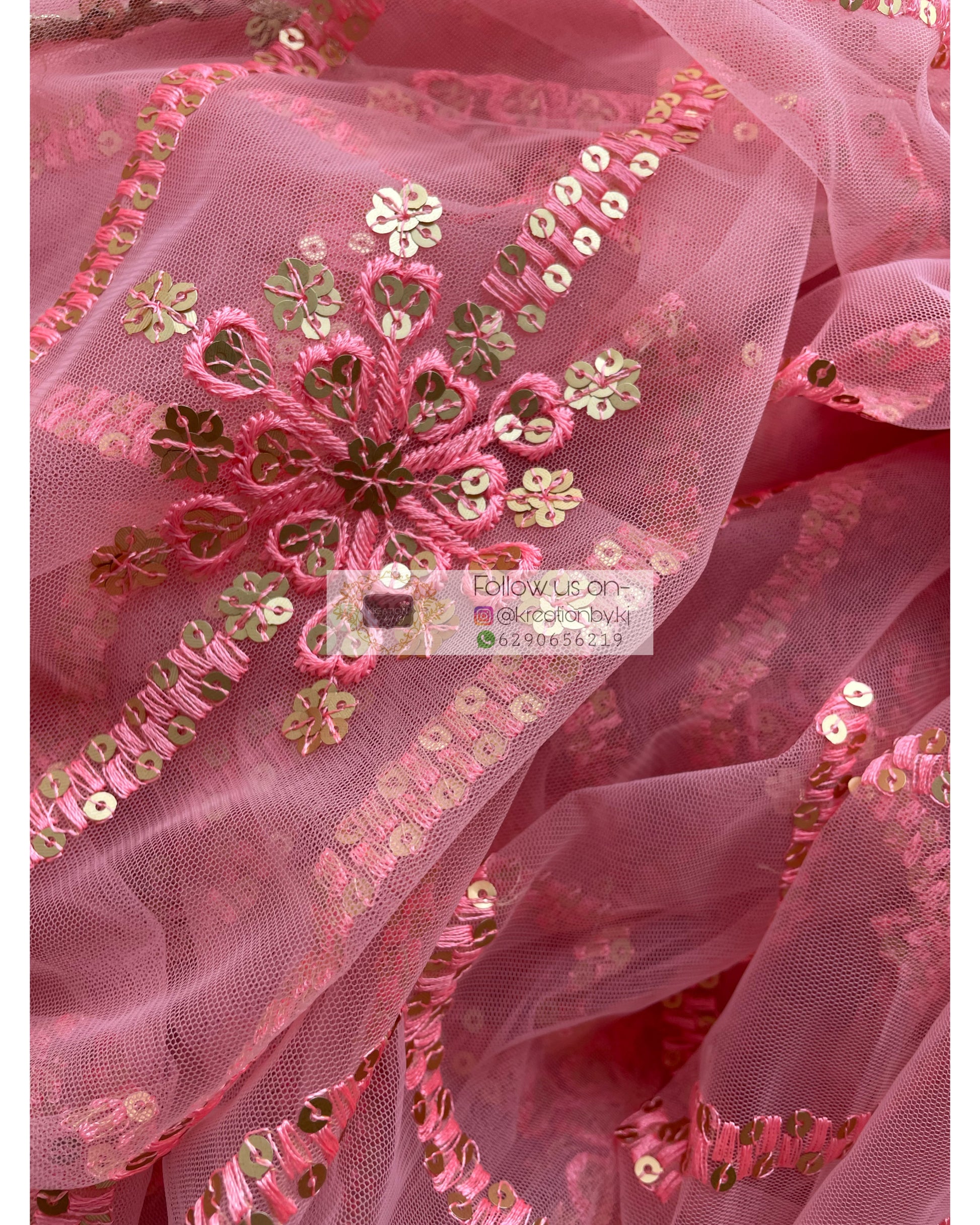 Coral Floral Embroidered Saree with Sequins Lace - kreationbykj