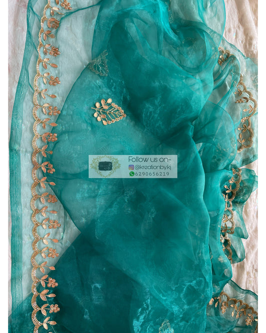 Teal Blue Glass Tissue Dupatta with Gota Patti Border - kreationbykj