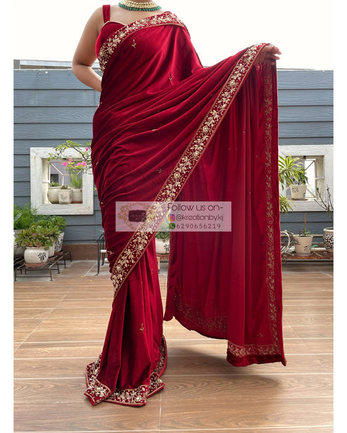 Maroon Velvet Grace Embroidered Saree main image 0
