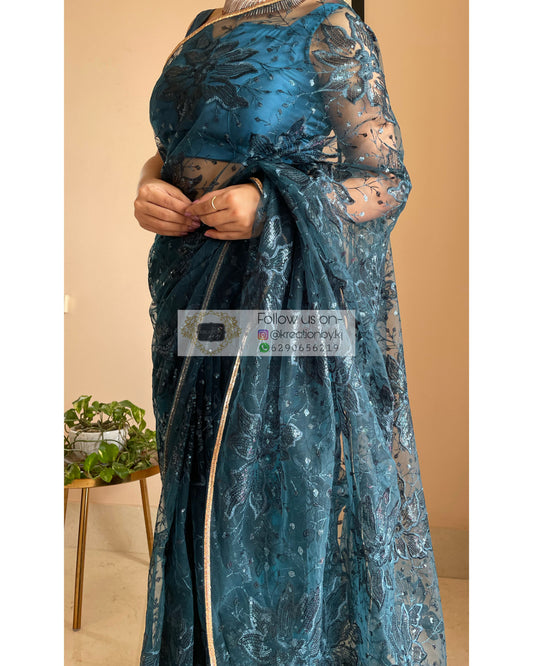 Blue Floral Net Saree - kreationbykj