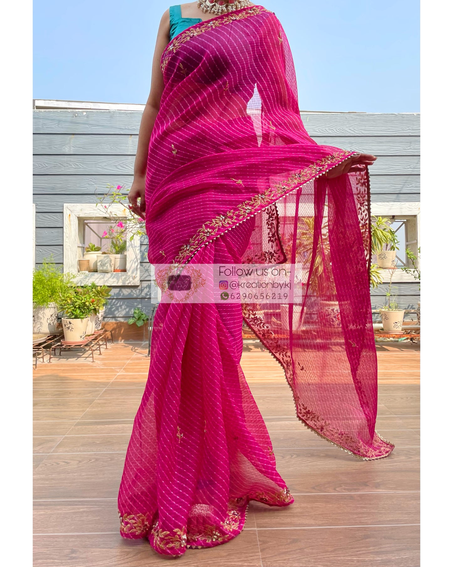 Hot Pink Chandani Leheriya Saree - kreationbykj