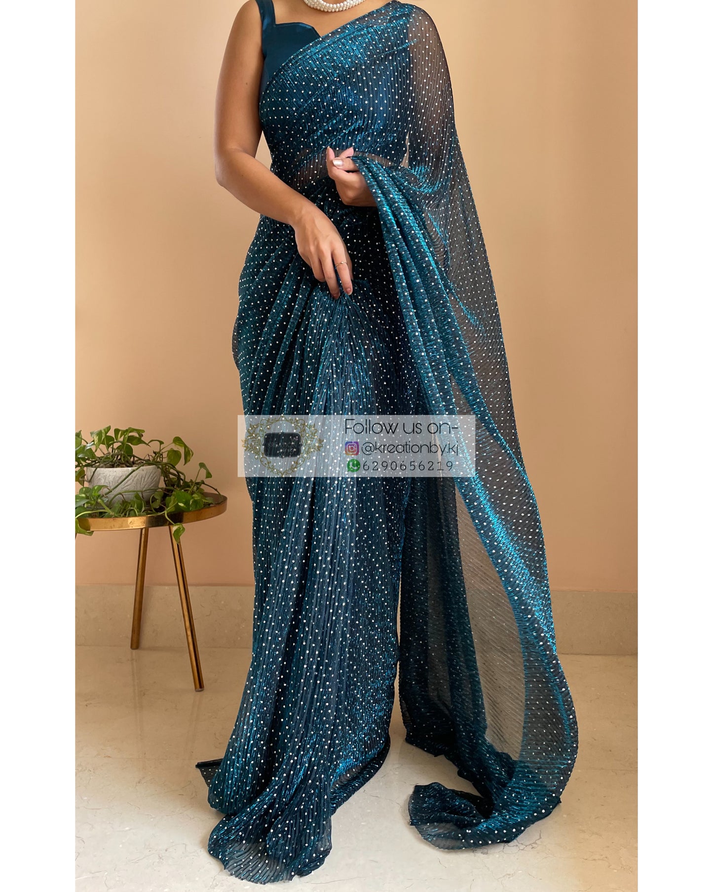 Blue Pleated Shimmer Net Saree - kreationbykj