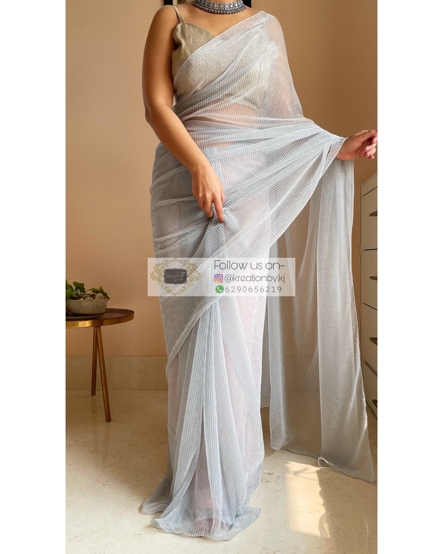 Silver Pleated Shimmer Saree - kreationbykj