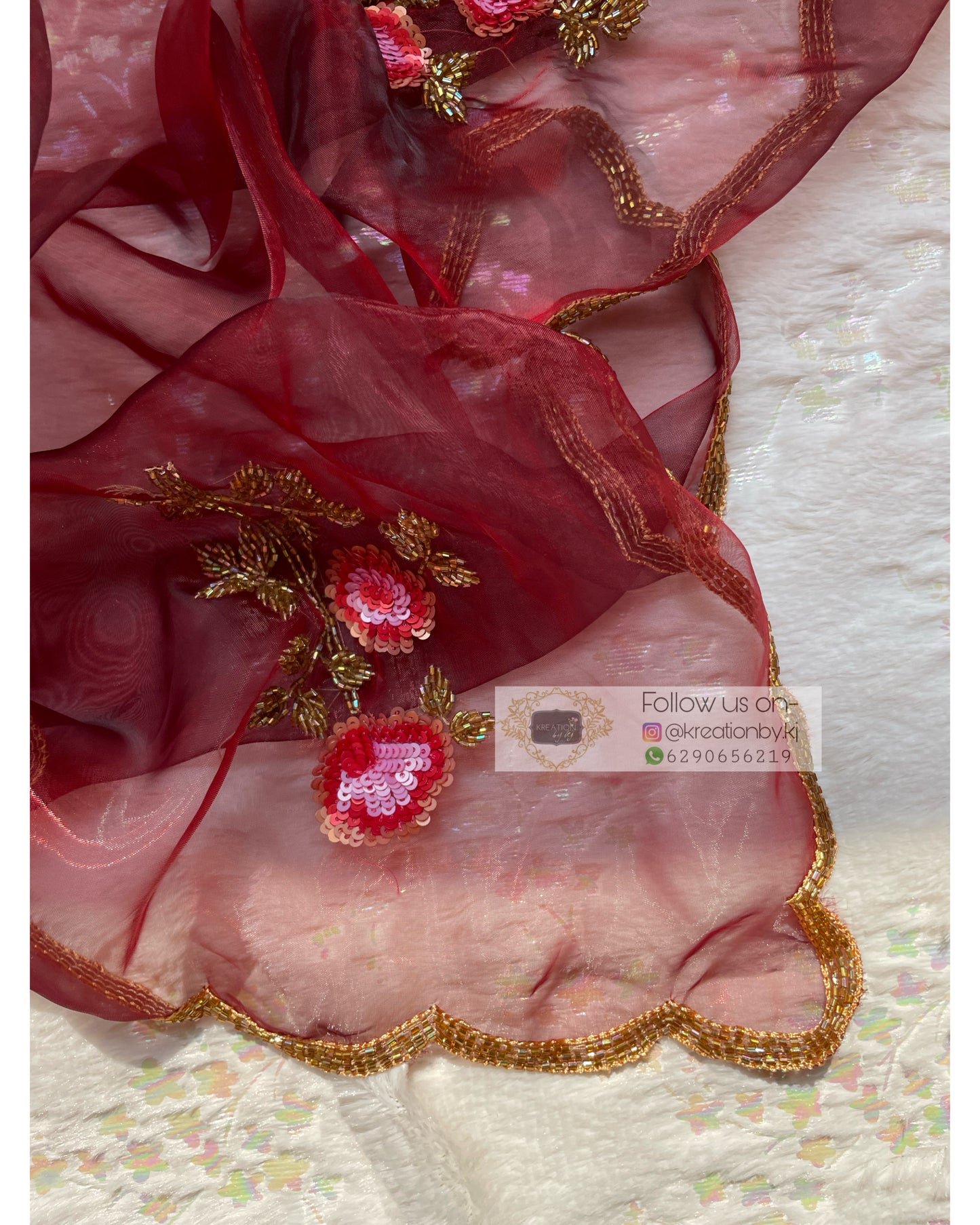 Maroon Rose Glass Tissue Dupatta - kreationbykj