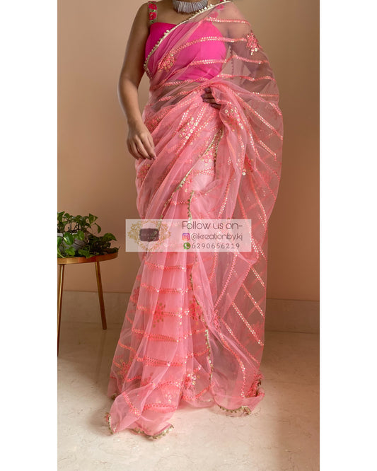 Coral Floral Embroidered Saree with Sequins Lace - kreationbykj