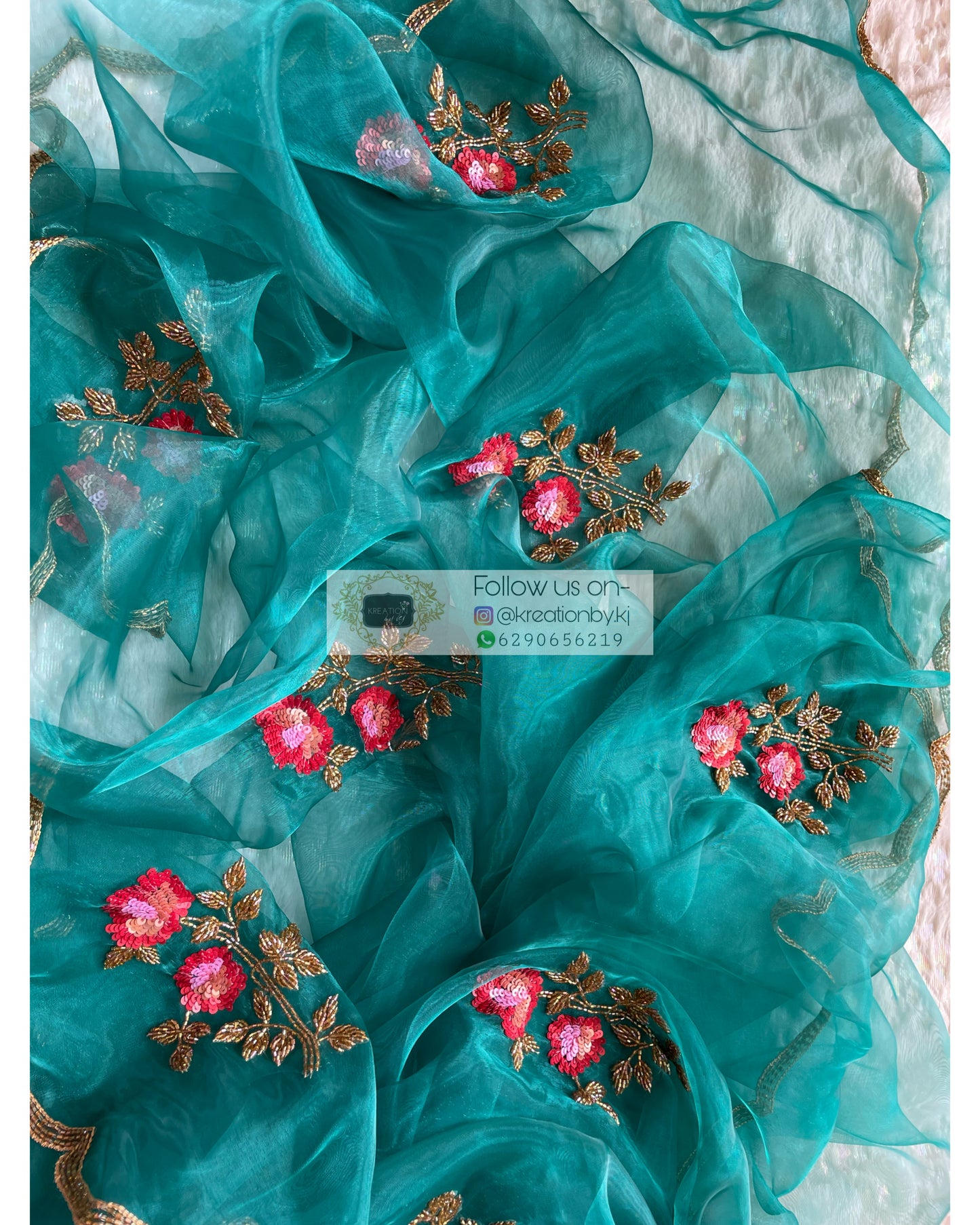 Teal Blue Glass Tissue Rose Dupatta - kreationbykj