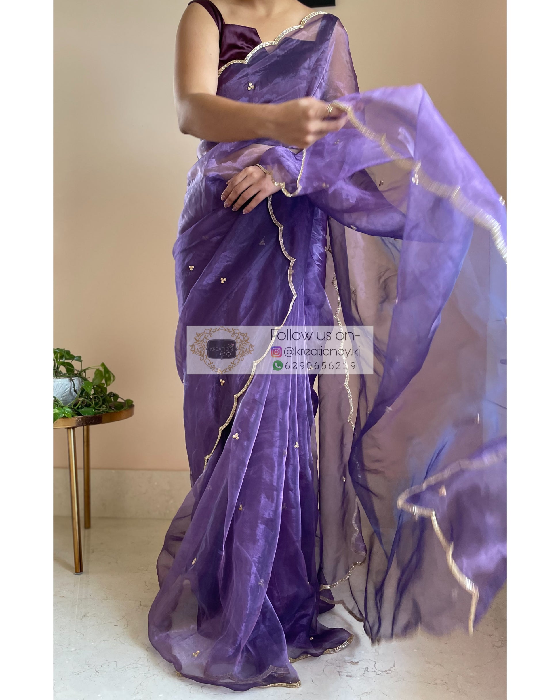 Violet Glass Tissue Saree with Handembroidered Scalloping - kreationbykj
