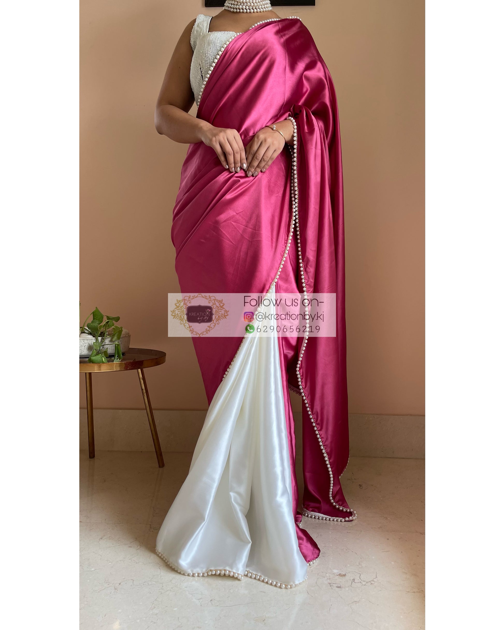 Pink Carnations Two in One Satin Saree - kreationbykj