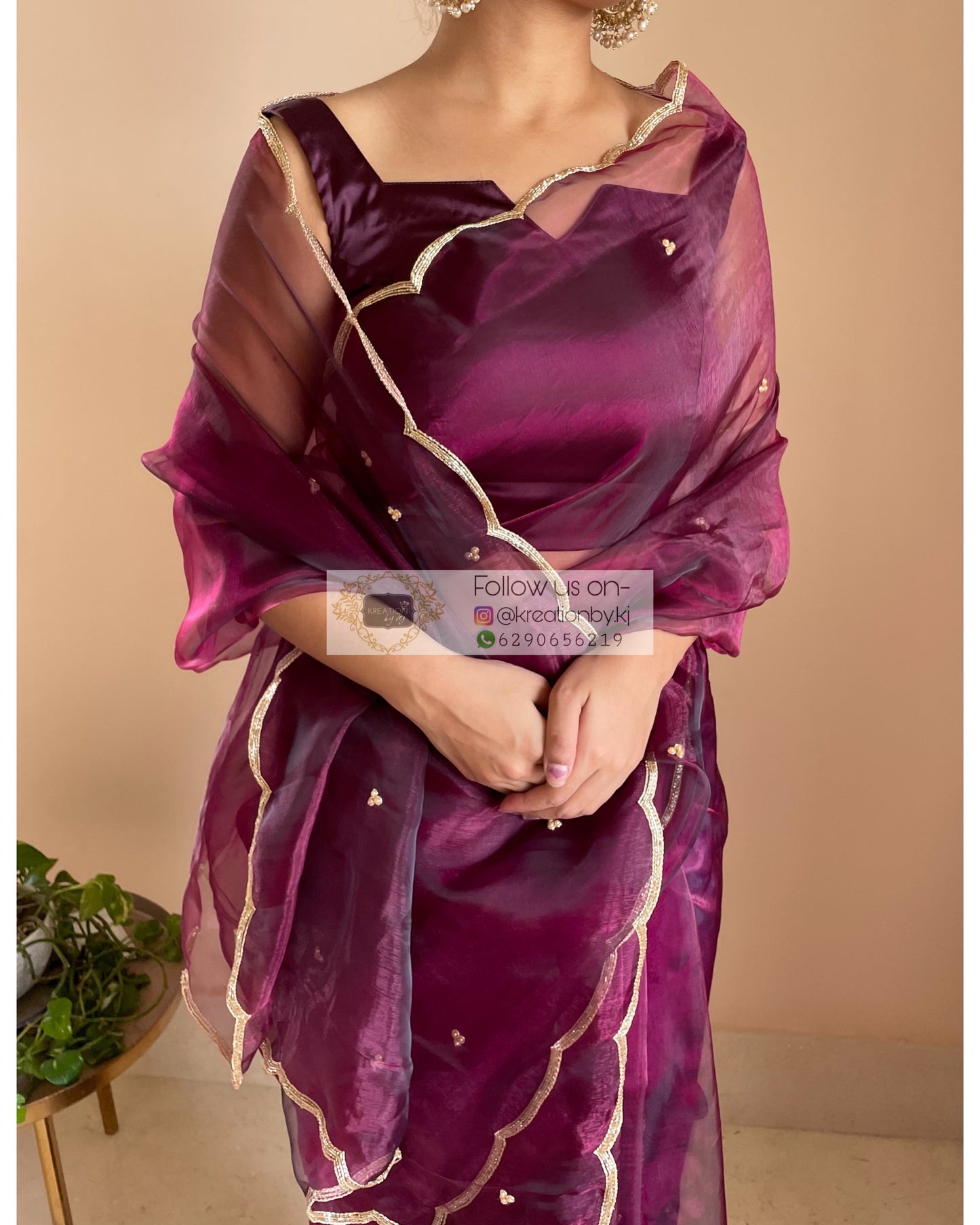 Purple Wine Glass Tissue Saree With Handembroidered Scalloping - kreationbykj