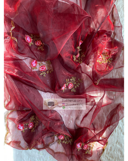 Maroon Rose Glass Tissue Dupatta - kreationbykj