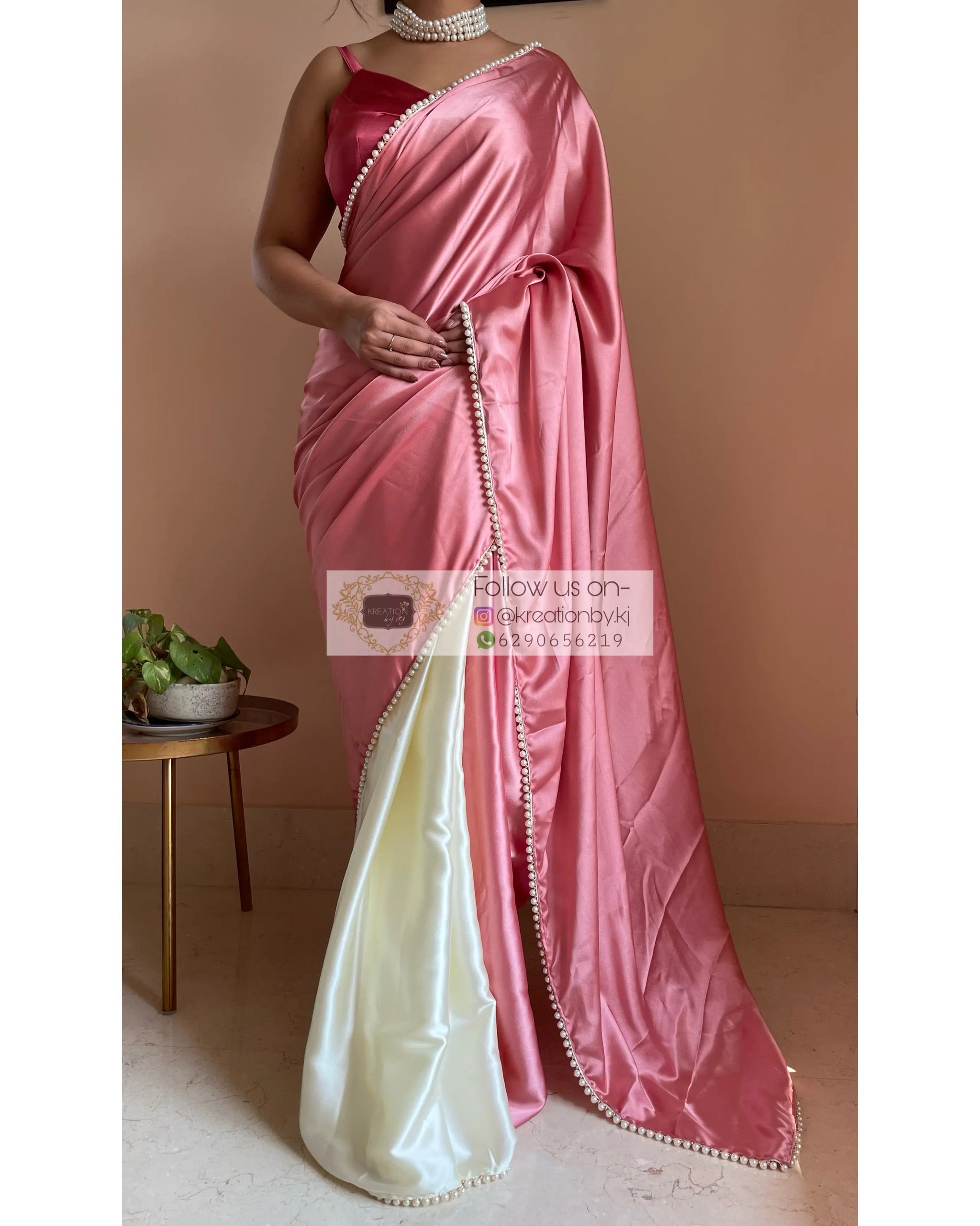 Strawberry Vanilla Two in One Satin Saree kreationbykj