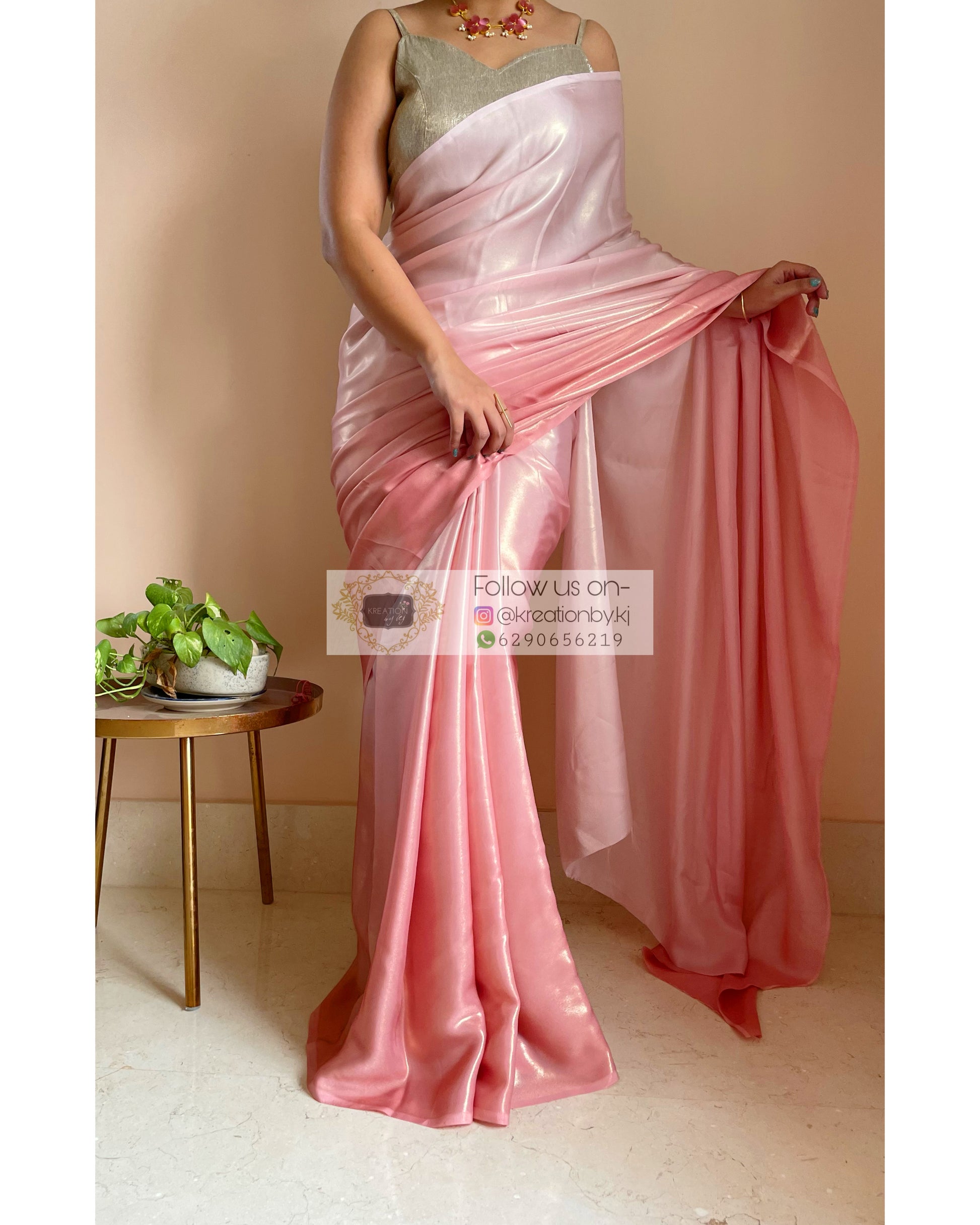 Rose Gold Ombré Shimmer Satin Saree - kreationbykj