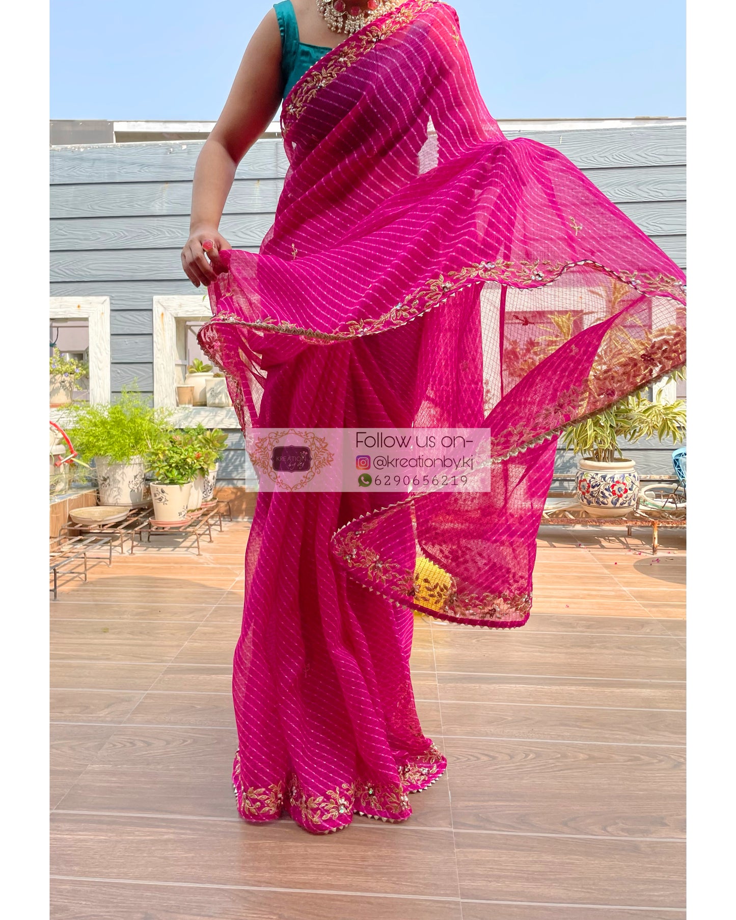 Hot Pink Chandani Leheriya Saree - kreationbykj