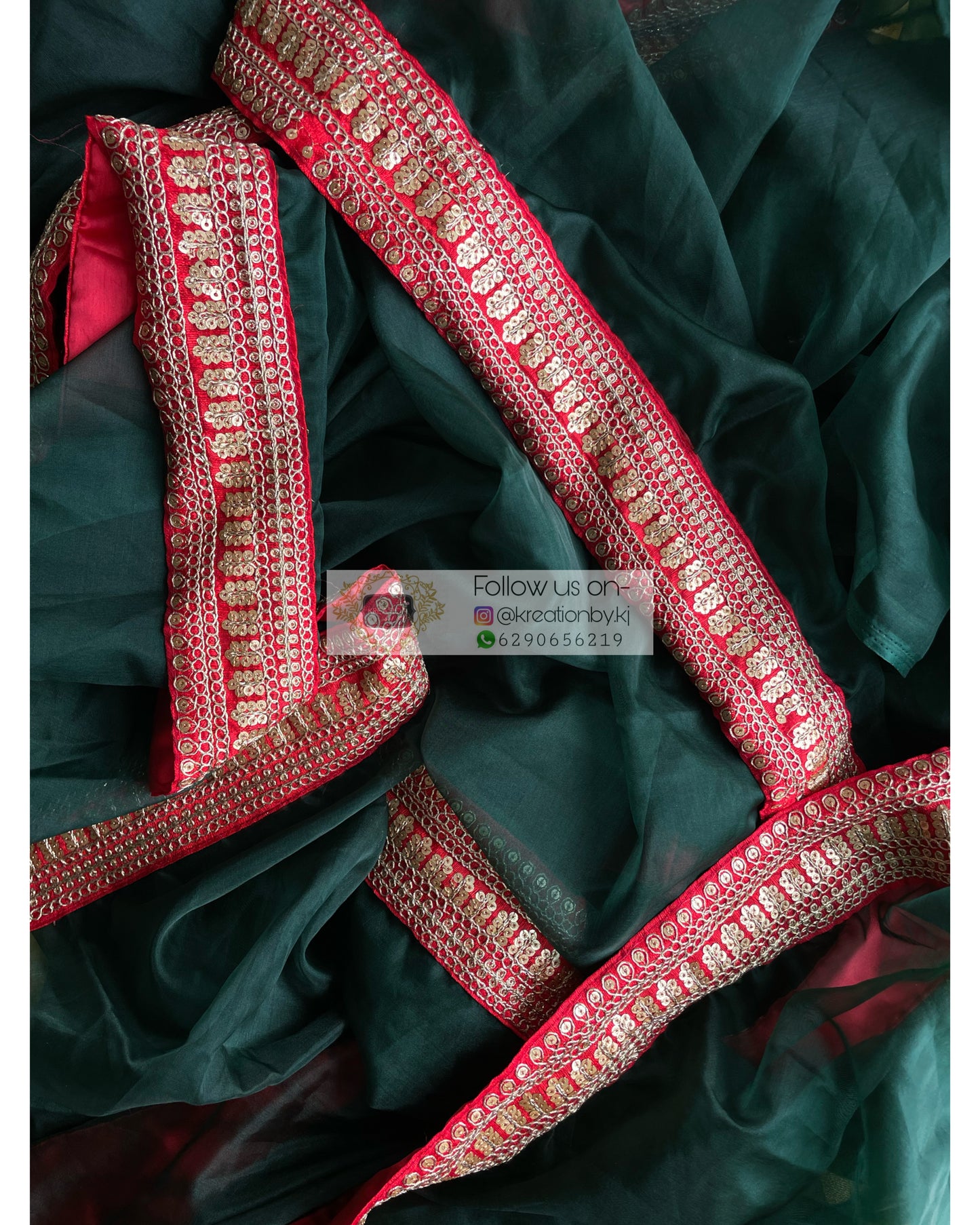 Bottle Green Organza with Red Border - kreationbykj