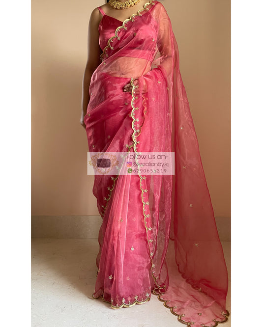 Pink Glass Tissue Sequins Piyali Saree - kreationbykj