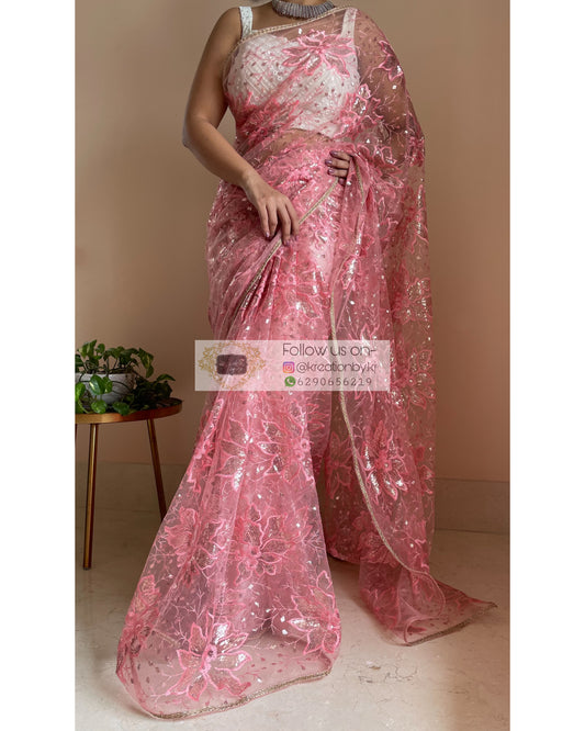 Pink Floral Net Saree - kreationbykj
