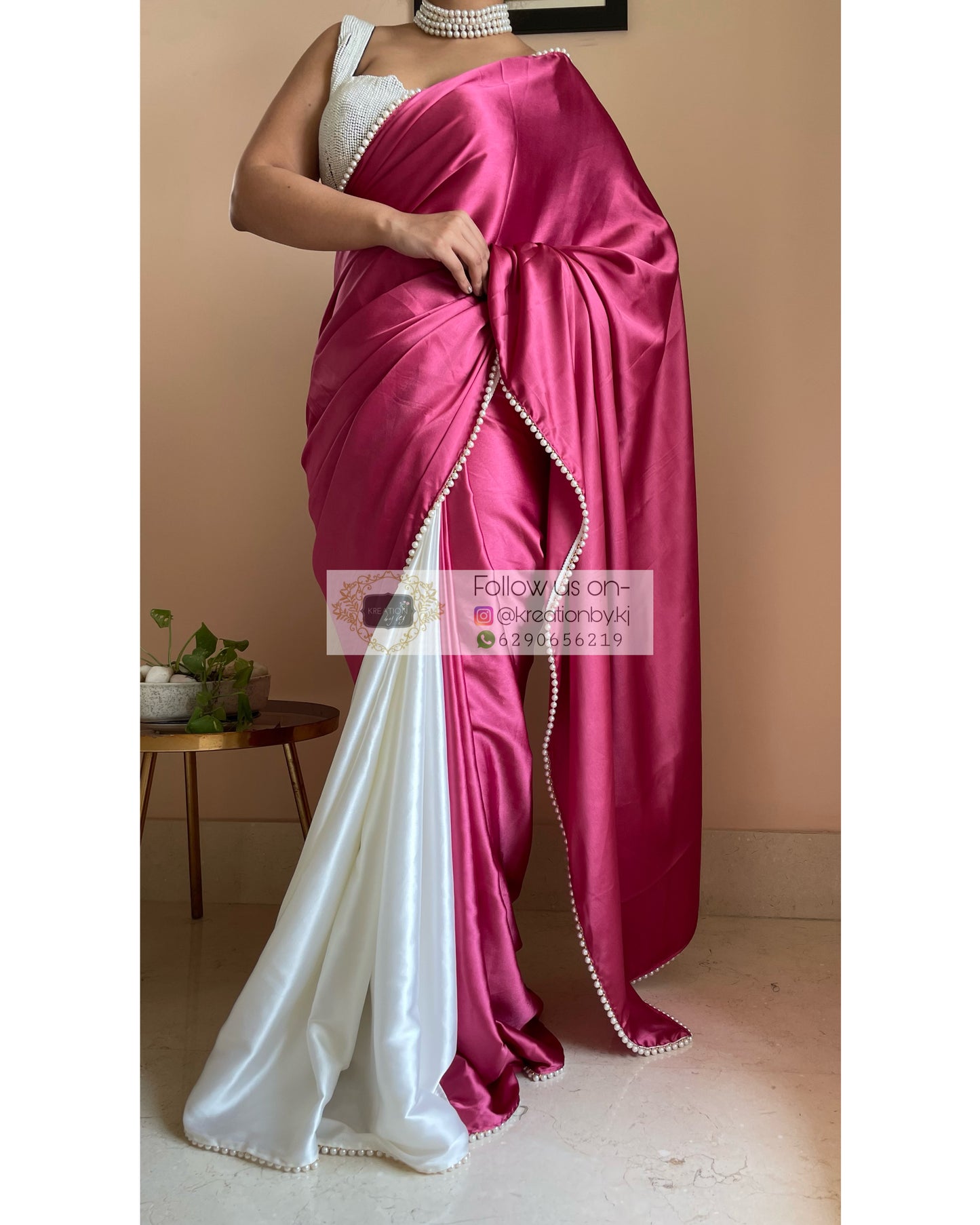 Pink Carnations Two in One Satin Saree - kreationbykj