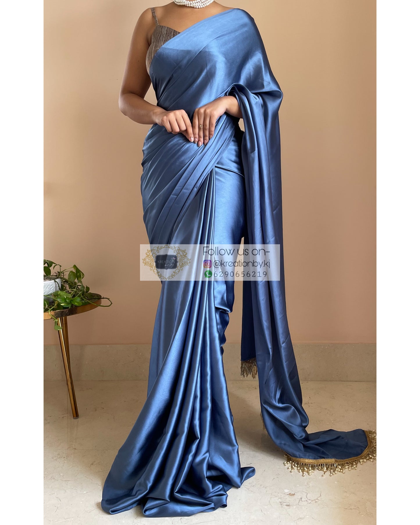 Celestial Blue Satin Silk Saree With Handmade Tassels on Pallu - kreationbykj
