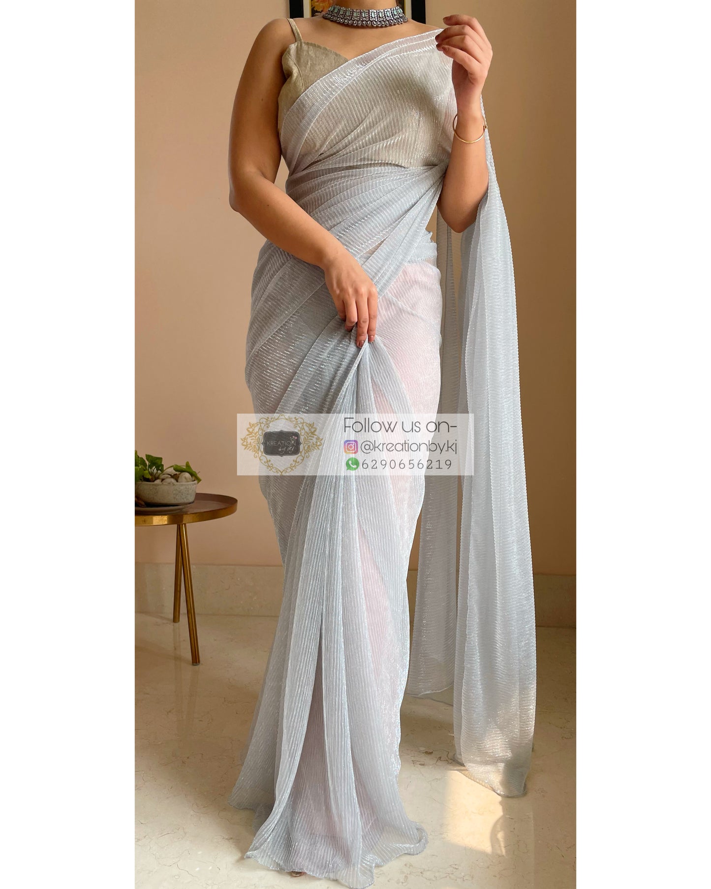 Silver Pleated Shimmer Saree - kreationbykj