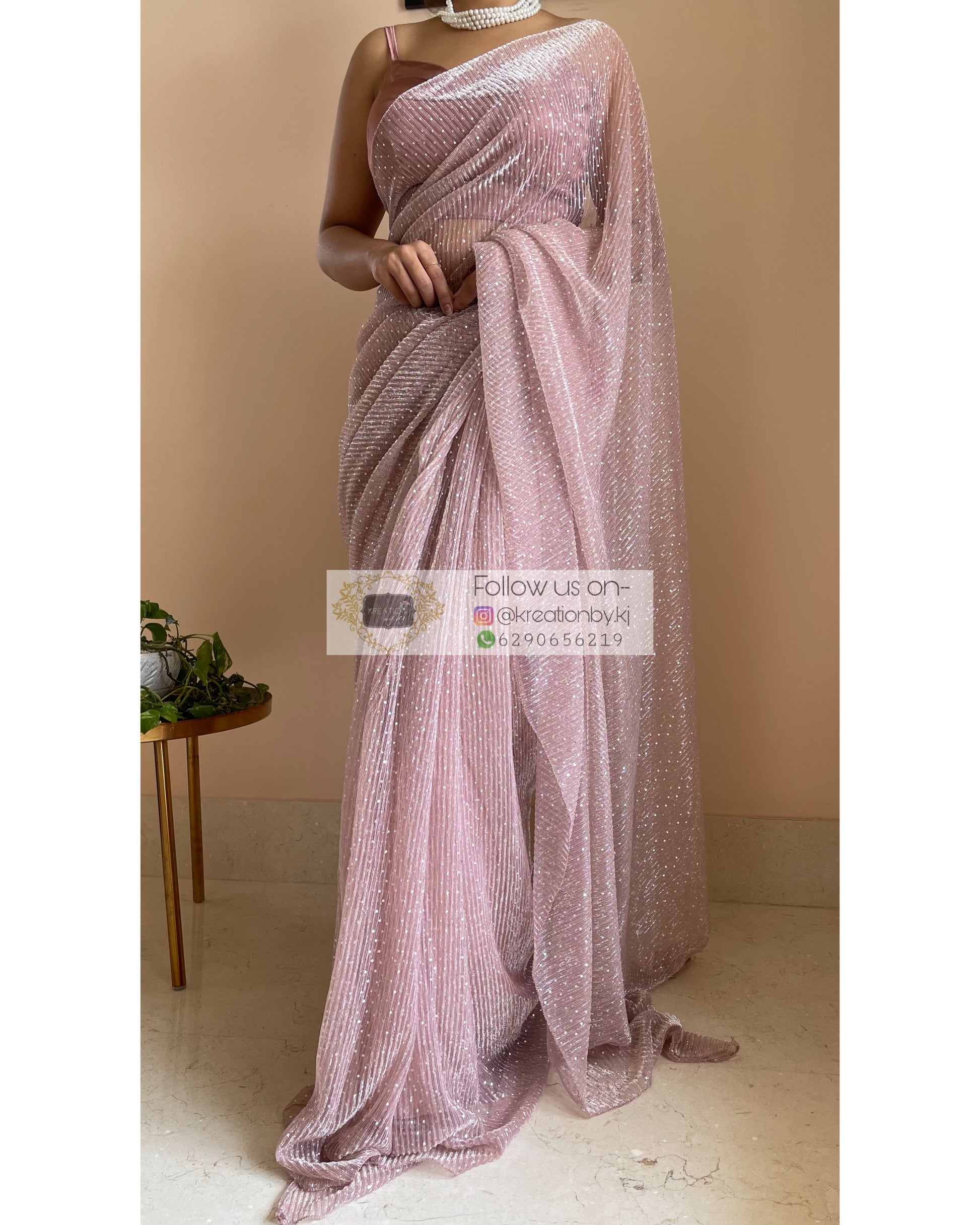 Pale Pink Pleated Shimmer Saree - kreationbykj